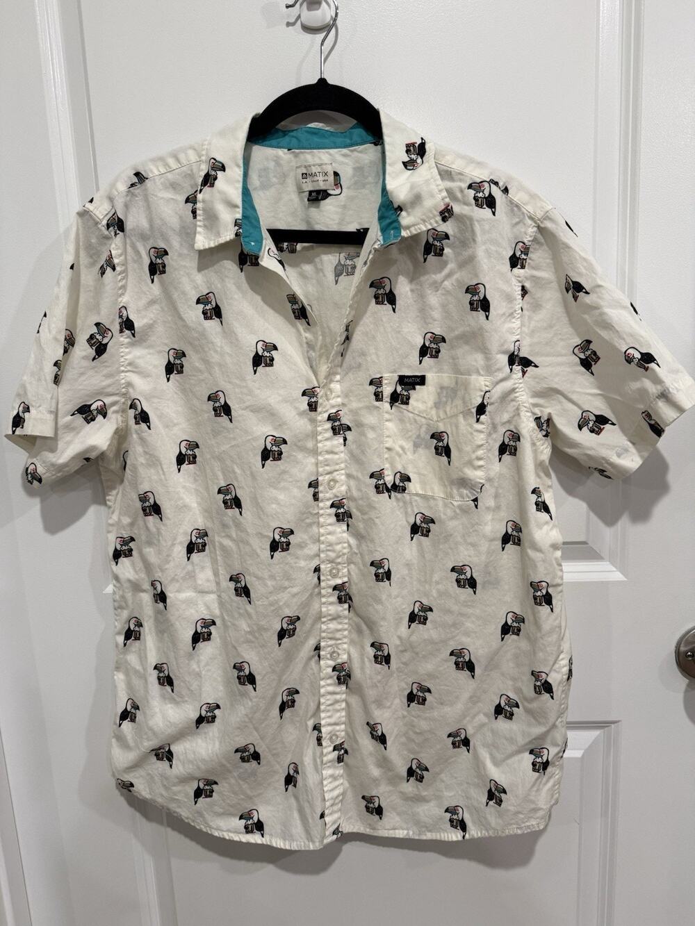 MATIX Toucan Beer Shirt Mens size XLarge Ivory Short Sleeve Cotton Button Up